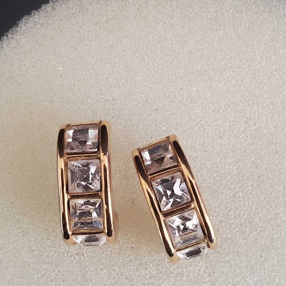 Swarovski Half-Hoop‎ Earrings Gold Plated Square Crystals Swan Signed Pierced